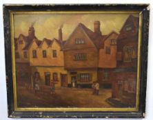 W E Plumstead, signed oil on board, "Common Pump Street, Old Norwich", 30 x 38cms together with a