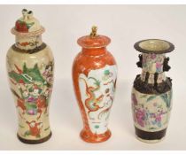 Collection of three Oriental vases, two Chinese vases with crackle ware bodies and famille rose