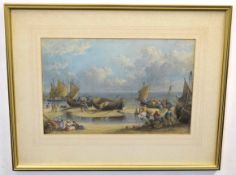 T Blake, signed and dated 1861, watercolour, Coastal scene with figures and fishing boats, 22 x