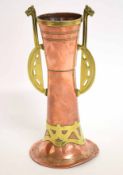 Arts & Crafts copper and brass shaped two-handled vase with pressed mark to base of GB/N in a