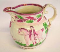 19th century lustre jug decorated with a gentleman by his horse and hunting scenes in pink lustre