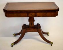 Regency walnut and rosewood banded fold-over card table with green baize lined interior, with a