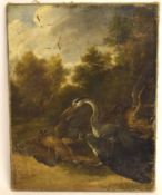 19th century English School oil on canvas, Heron and Hawks, 48 x 37cms, unframed