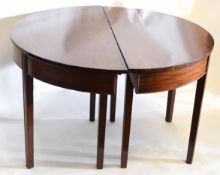 Georgian mahogany pair of D-end tables supported on four tapering square legs, 114cms diam x 72cms