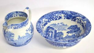 Spode blue and white jug and a further blue and white bowl, Copeland Spode Italian pattern, the bowl