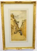 John Muirhead, signed watercolour, "Brittany street scene", 39 x 19cms, Provenance: Aldridge Bros,