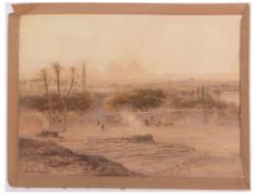 JOHN VARLEY JUNIOR (1850-1933) Middle Eastern landscape with pyramids watercolour, signed and