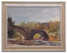 AR JACK MERRIOTT, RI, ROI, RSMA, RWS (1901-1968) River landscape with bridge watercolour, signed