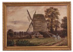 JOHN JOSEPH HUGHES (19TH CENTURY) Figure and horses by a Mill watercolour, signed, dated 87 lower