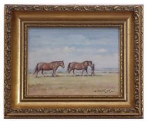 STEPHEN WALKER (1900-2004) Figure leading two horses oil on board, signed lower right 13 x 17cms