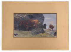 ENGLISH SCHOOL (EARLY 20TH CENTURY) Cows by a rock oil on board 13 x 23cms, mounted but unframed