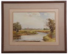 HAROLD GRESLEY (1892-1967) River landscape with distant town and church watercolour, signed lower