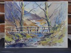 E GRIEG HALL (20TH CENTURY) "Bridge in Bowland, March 1965" watercolour, signed lower right 28 x