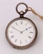 Late 19th century Swiss silver cased open face cylinder fob watch, the frosted gilt and jewelled