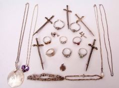 Mixed Lot: five silver sword brooches, marcasite set, hallmarked Birmingham 1947, two 925 stamped
