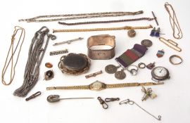 Mixed Lot: silver serviette ring, Victorian mourning brooch, silver cased wrist watch, various