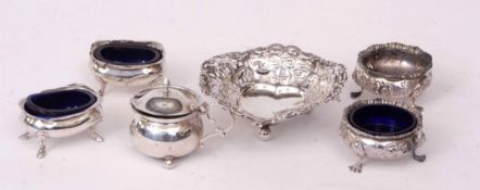 Mixed Lot: two various pairs of open salts, together with a lidded mustard and with fitted blue