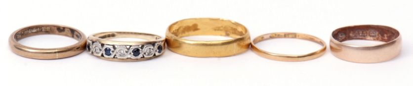 Mixed Lot: three 9ct gold wedding rings, 4.2gms, 9ct gold diamond and sapphire ring, hallmarked