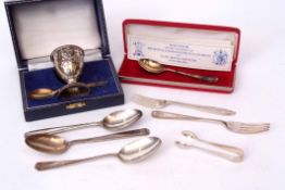 Mixed Lot: Elizabeth II cased egg cup and spoon, together with a further cased souvenir tea spoon,