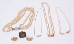Mixed Lot: three simulated pearl necklaces, pair of similar earrings, post-fittings