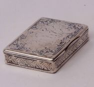 Late 19th century French silver and Niello decorated snuff box, the hinged cover decorated with a