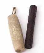 Mixed Lot: ornamentally turned hardwood cylindrical case with pull off cover, length 12cms, together