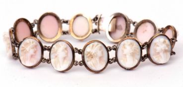 Antique pink and white carved hardstone cameo bracelet, depicting classical ladies in opposite