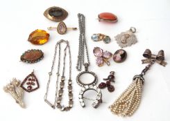 Mixed Lot: antique bar brooch, the centre is a foil backed crystal surrounded by small grey seed