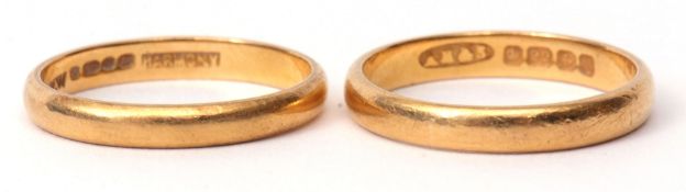Mixed Lot: two 22ct gold wedding rings, both plain polished designs, 6.2gms, (2)