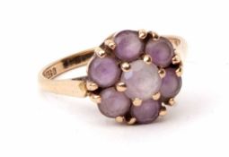 9ct gold and pale amethyst cluster ring, featuring seven small circular cut amethysts in a flower