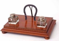 Late 19th century satinwood, ebony line inlaid and cross-banded inkstand of shaped rectangular