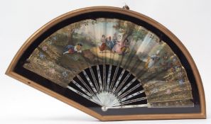 Late 19th century mother of pearl, silver and gilt fan of 16 stick construction with gilt and silver