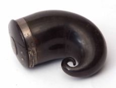 Late 19th century white metal mounted horn snuff mull with a plain curled body to a white metal band