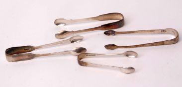 Mixed Lot: two various pairs of Fiddle pattern sugar tongs together with two Old English patterns