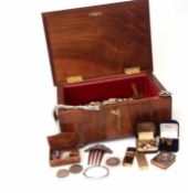 Art Deco walnut jewellery box, contents include a silver fronted common prayer book, two vintage