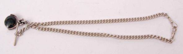 Modern silver curb link watch chain set with two swivels and central T-bar and with hardstone and