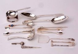 Mixed Lot: two various Fiddle pattern table spoons, two various pairs of sugar tongs, single