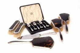 Mixed Lot: George V silver mounted tortoiseshell five-piece dressing table set comprising hand
