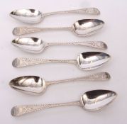 Six George III bright cut Old English pattern tea spoons with long drop bowls, length 12cms,