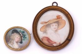 Mixed Lot: circular portrait brooch, hand painted depicting a lady in a plumed hat, signed Le Q in a
