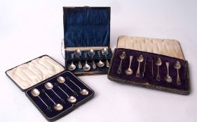 Mixed Lot: cased set of six coffee spoons, each with polished bowls, wire work stems and coffee bean