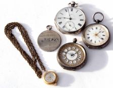 Mixed Lot: three various silver cased open face cylinder fob watches, together with a gold plated