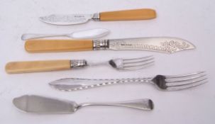 Mixed Lot: two various Old English pattern butter knives, together with ivory handled fish knife and