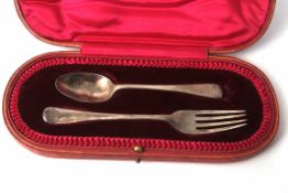 Cased christening spoon and fork set, Old English pattern, contained in a silk and velvet lined