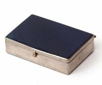 Base metal and blue stained banded agate snuff box of hinged rectangular form with plain and