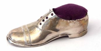 Early 20th century silver novelty pin cushion modelled in the form of an Oxford brogue with wooden