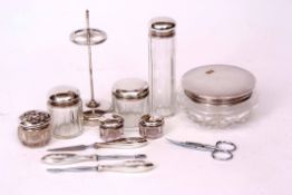 Mixed Lot: silver lidded and clear glass dressing table powder bowl, together with five further