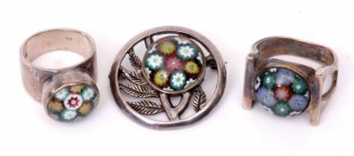 Mixed Lot: silver open work brooch, having a glass millefiori cabochon within an engraved leaf
