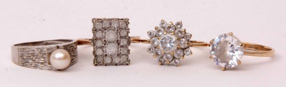 Mixed Lot: 9ct gold and cubic zirconia single stone ring, a 9ct gold cluster ring, a 9ct paste