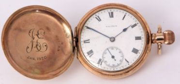 Early 20th century gold plated full hunter keyless pocket watch, Waltham, P S Bartlett, the